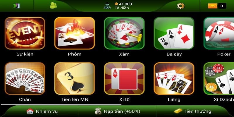 Sảnh game bài có đa dạng các trò chơi hấp dẫn